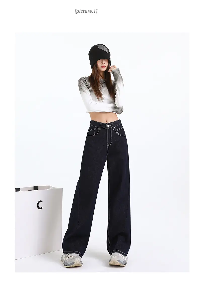 Women Dark Blue Wide Leg Jeans Spring High Waist Slimming — feature 15