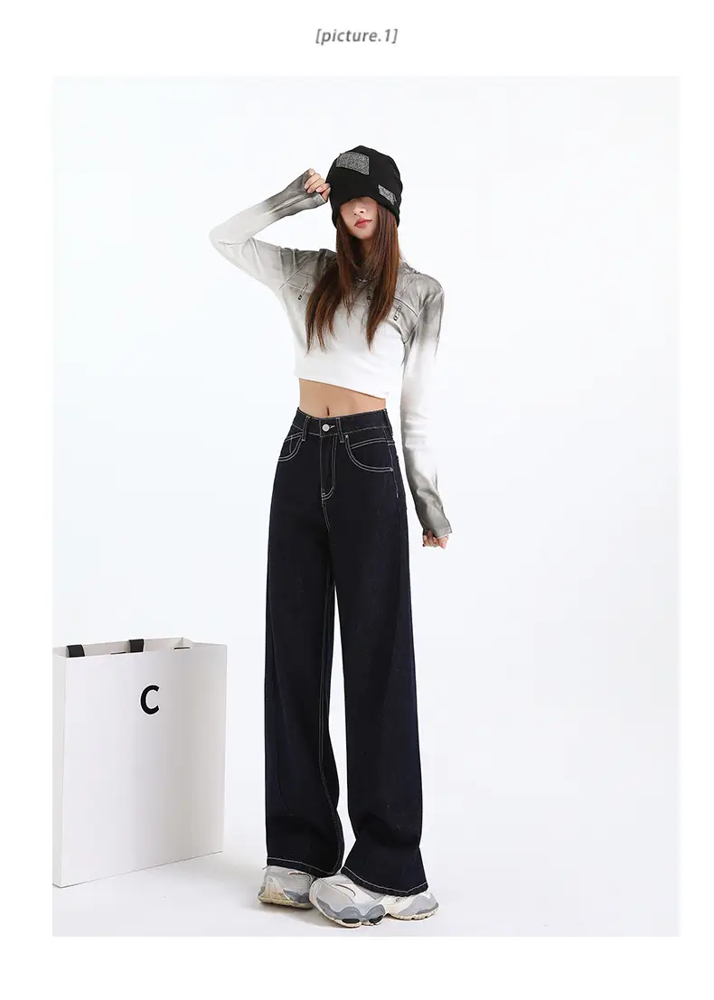 Women Dark Blue Wide Leg Jeans Spring High Waist Slimming — feature 16