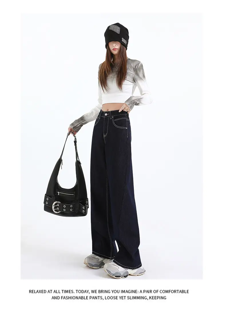 Women Dark Blue Wide Leg Jeans Spring High Waist Slimming — feature 3