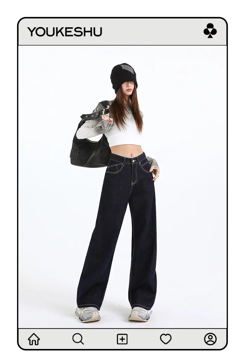 Women Dark Blue Wide Leg Jeans Spring High Waist Slimming — feature 5