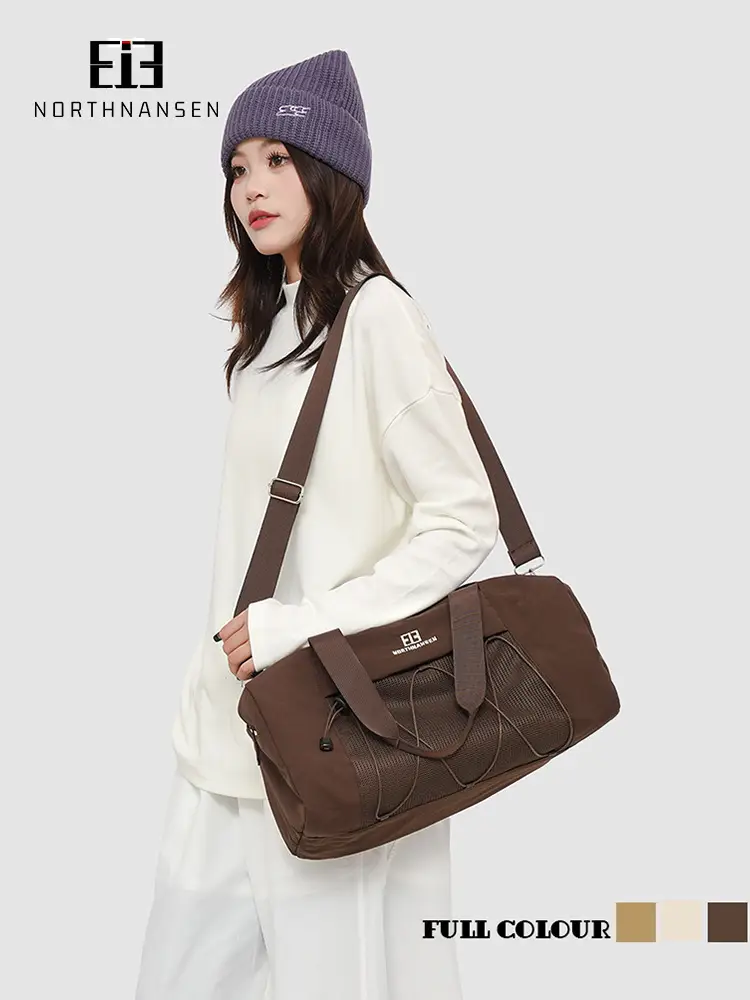 Brown Oxford Cloth Travel Bag with Crossbody Strap - Image 5
