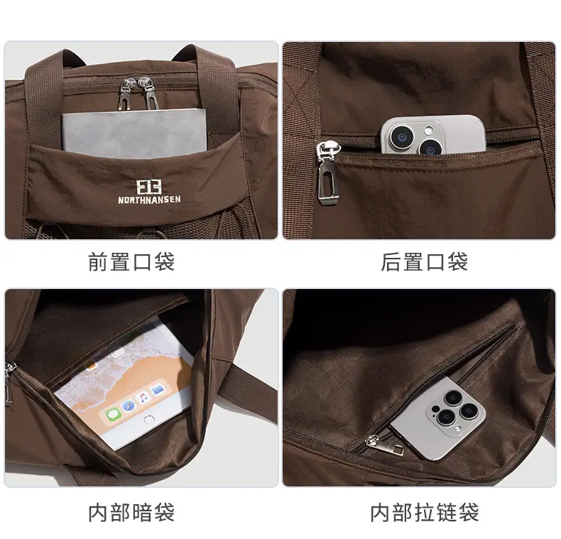 Brown Oxford Cloth Travel Bag with Crossbody Strap — feature 11