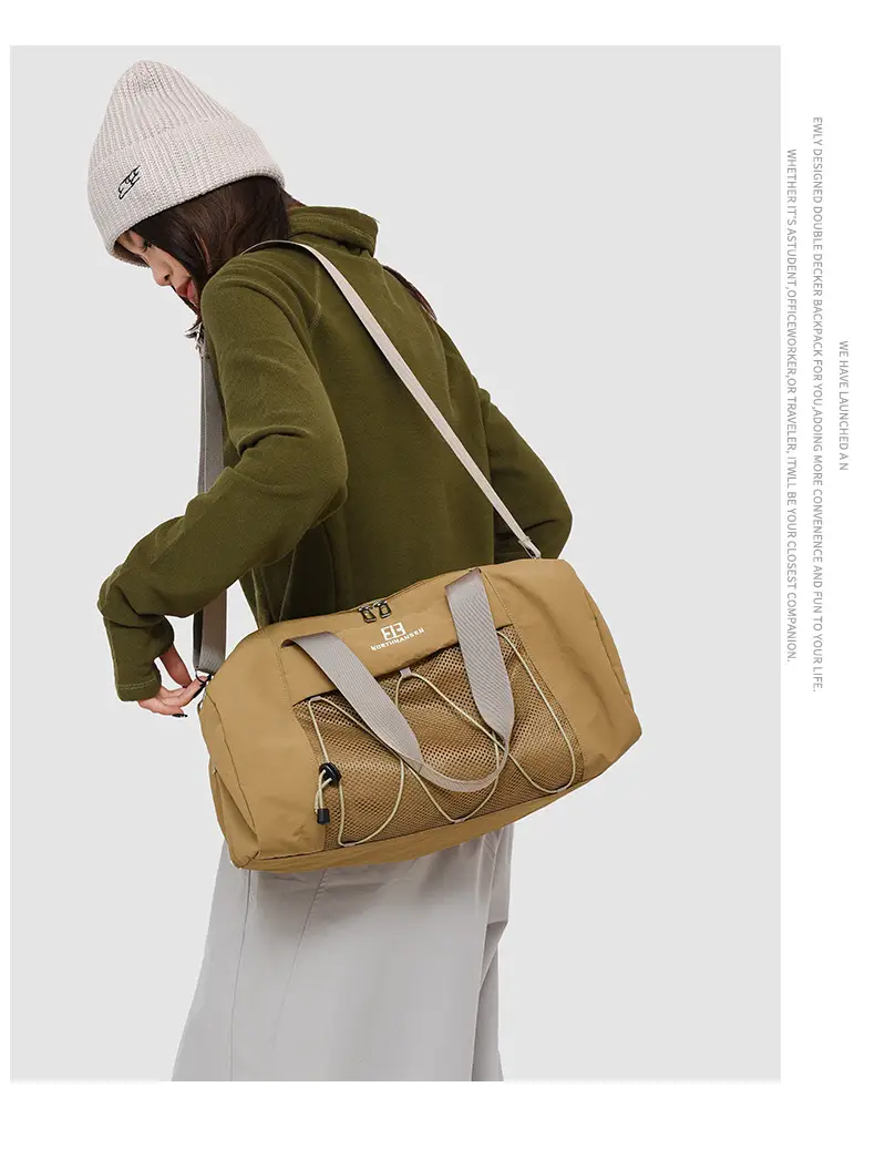 Brown Oxford Cloth Travel Bag with Crossbody Strap — feature 13