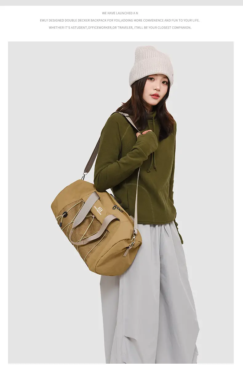 Brown Oxford Cloth Travel Bag with Crossbody Strap — feature 19