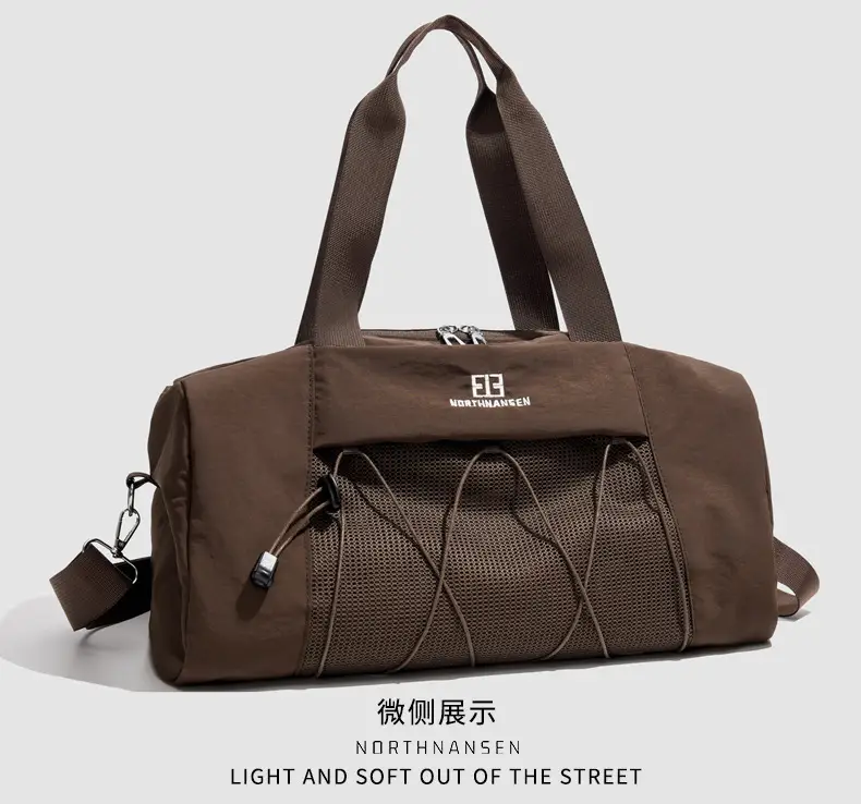 Brown Oxford Cloth Travel Bag with Crossbody Strap — feature 21