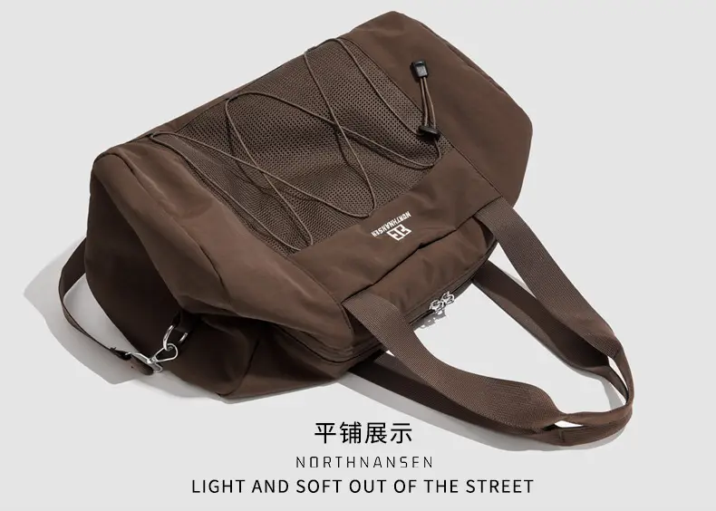 Brown Oxford Cloth Travel Bag with Crossbody Strap — feature 25