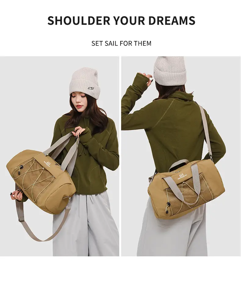 Brown Oxford Cloth Travel Bag with Crossbody Strap — feature 7