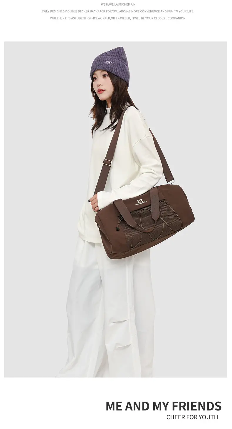 Brown Oxford Cloth Travel Bag with Crossbody Strap — feature 8