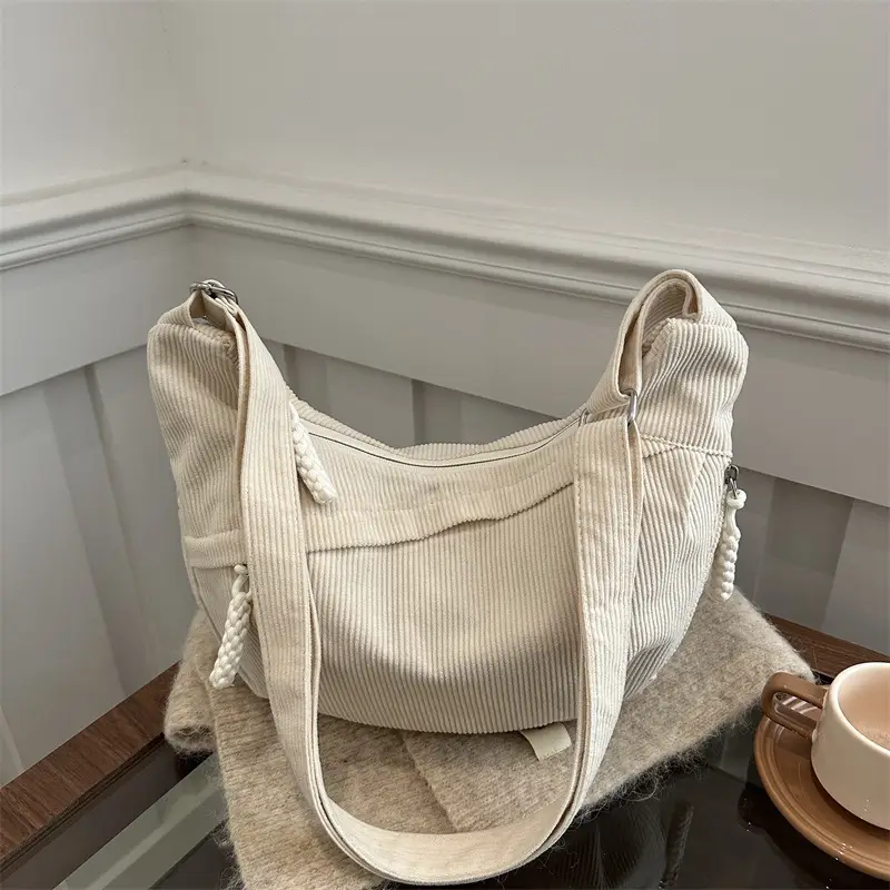 Japanese Corduroy Crossbody Bag Large Capacity Beige - Image 4