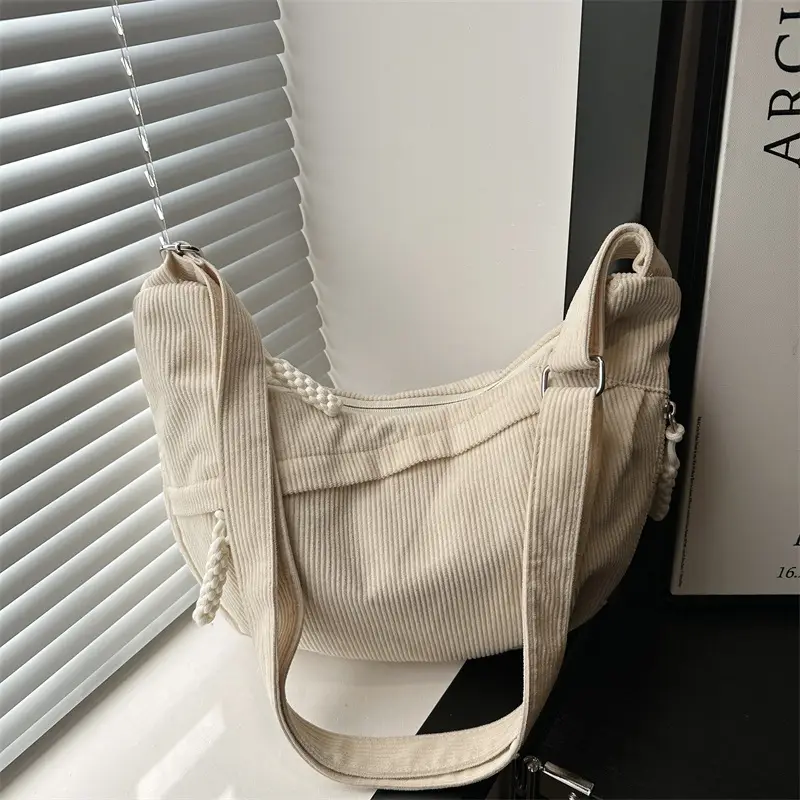 Japanese Corduroy Crossbody Bag Large Capacity Beige - Image 6