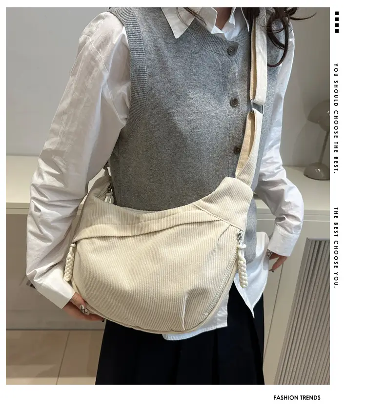 Japanese Corduroy Crossbody Bag Large Capacity Beige — feature 1