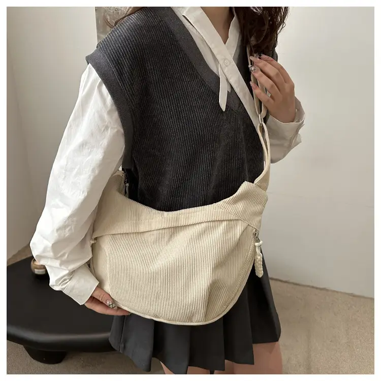 Japanese Corduroy Crossbody Bag Large Capacity Beige — feature 10