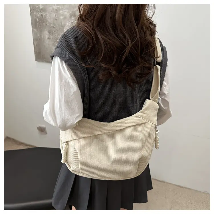 Japanese Corduroy Crossbody Bag Large Capacity Beige — feature 11