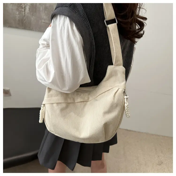Japanese Corduroy Crossbody Bag Large Capacity Beige — feature 12