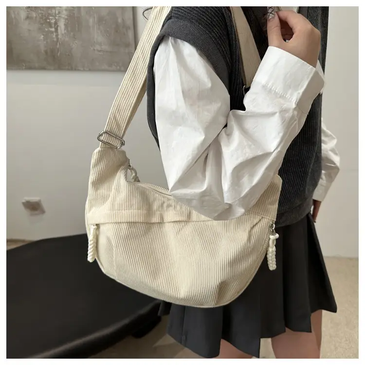 Japanese Corduroy Crossbody Bag Large Capacity Beige — feature 13