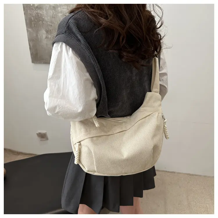 Japanese Corduroy Crossbody Bag Large Capacity Beige — feature 14