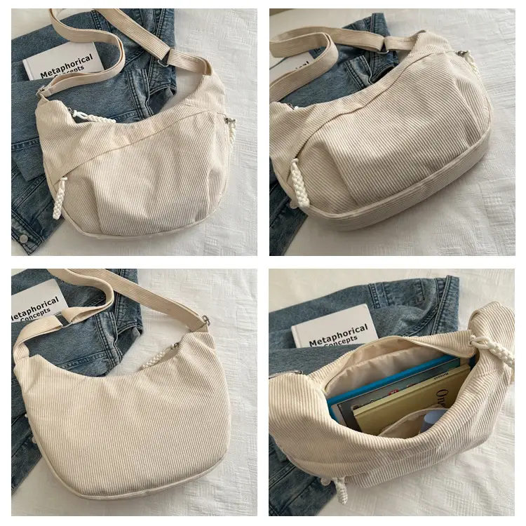 Japanese Corduroy Crossbody Bag Large Capacity Beige — feature 8