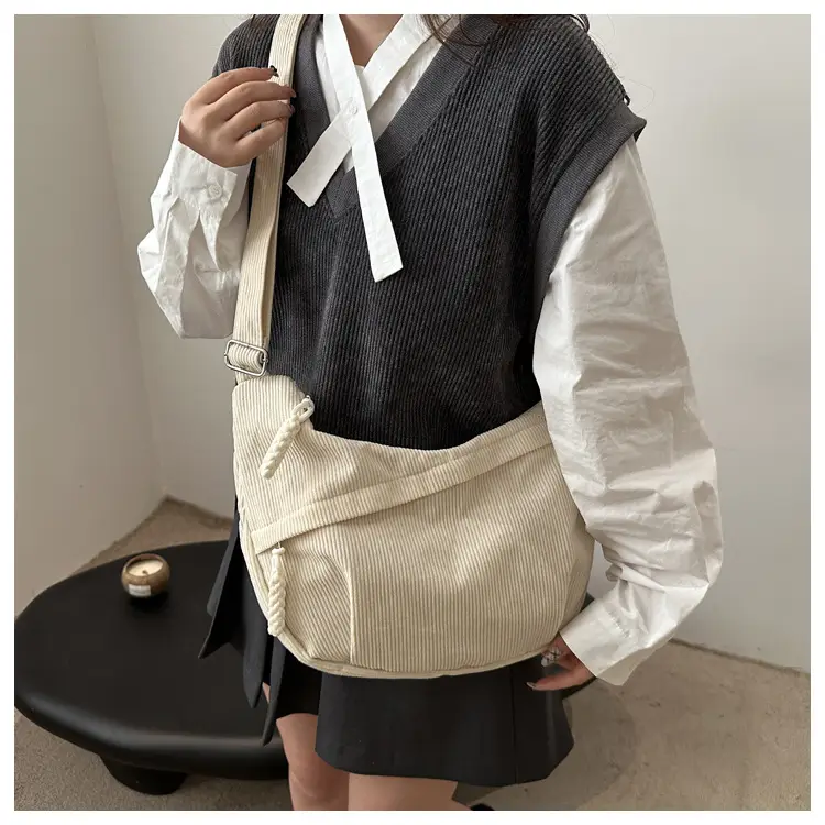 Japanese Corduroy Crossbody Bag Large Capacity Beige — feature 9