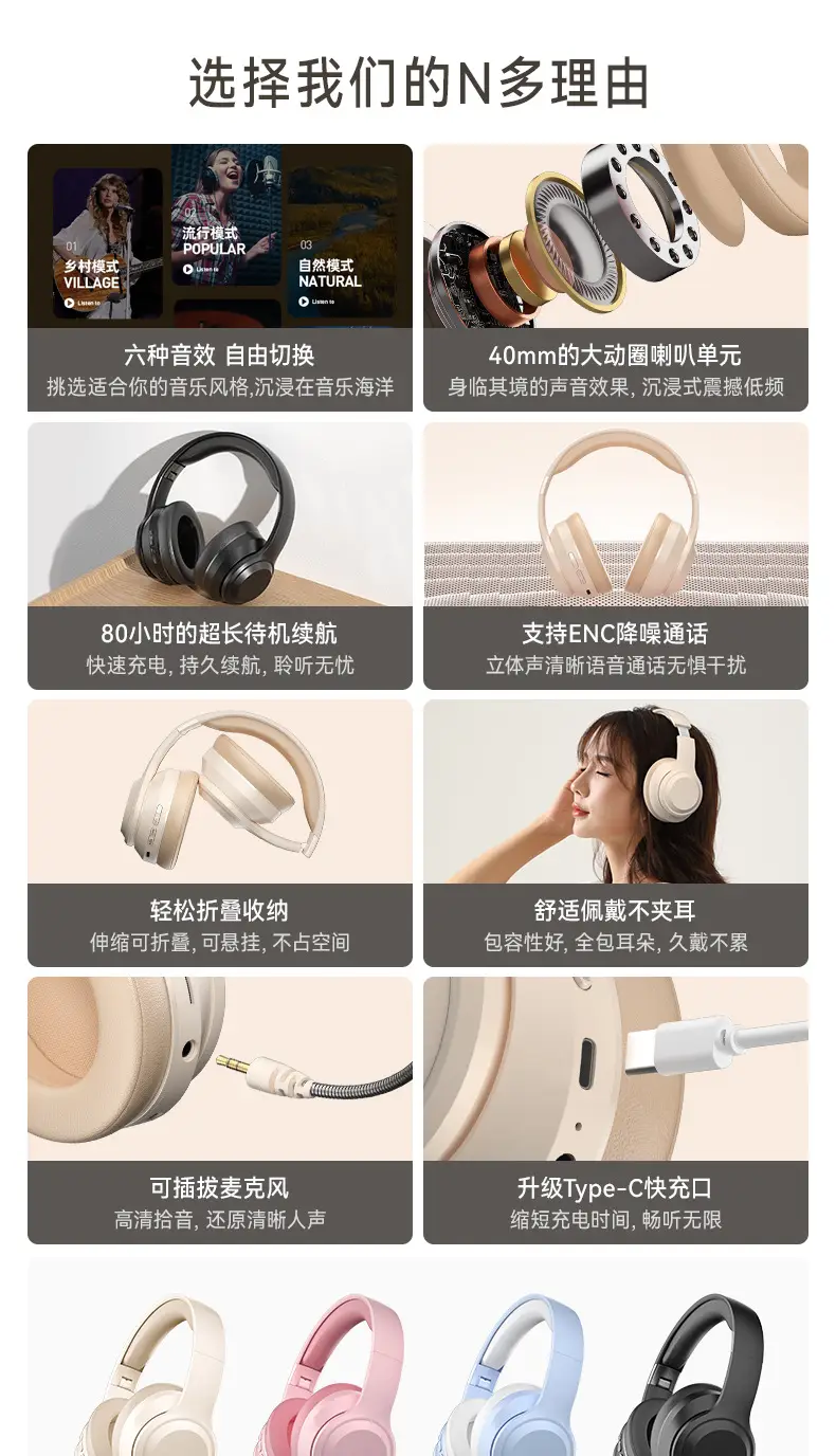 Wireless Bluetooth 5.3 Headset Cream Beige β feature 2