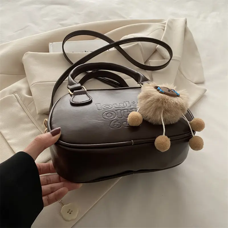 Vintage Women's Brown Shoulder Crossbody Bag with Pom Pom Charm - Image 8