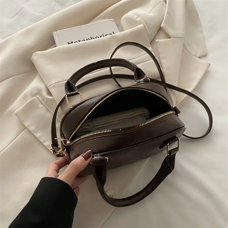 Vintage Women's Brown Shoulder Crossbody Bag with Pom Pom Charm - Image 10