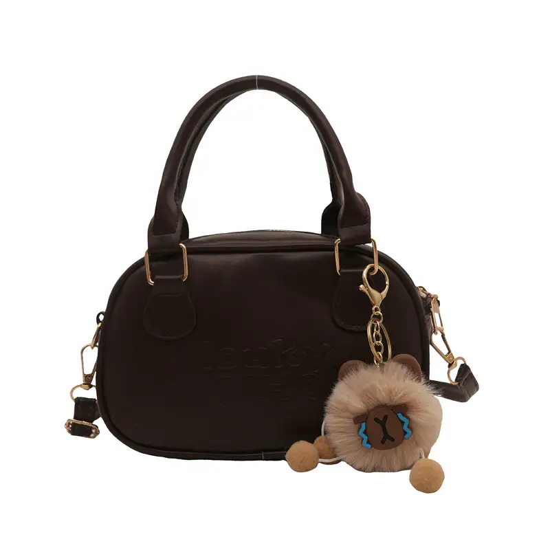 Vintage Women's Brown Shoulder Crossbody Bag with Pom Pom Charm - Image 2