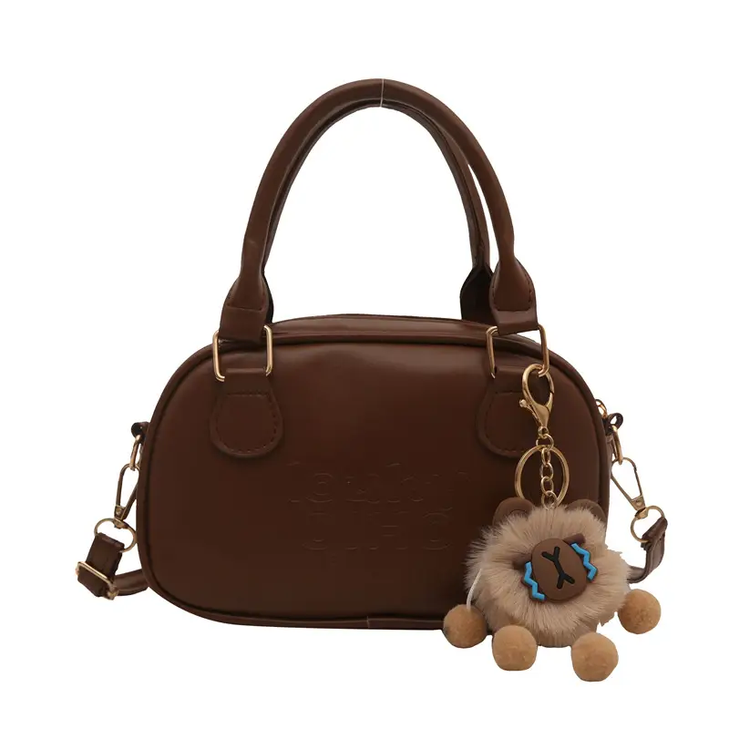 Vintage Women's Brown Shoulder Crossbody Bag with Pom Pom Charm - Image 3