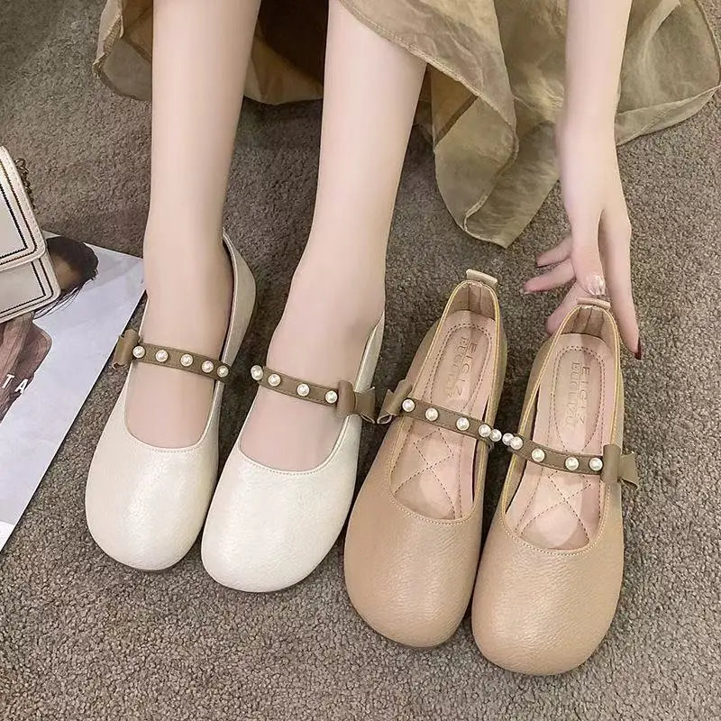 Women's Pearl Strap Flat Shoes Cream Beige Spring 2025 - Image 3