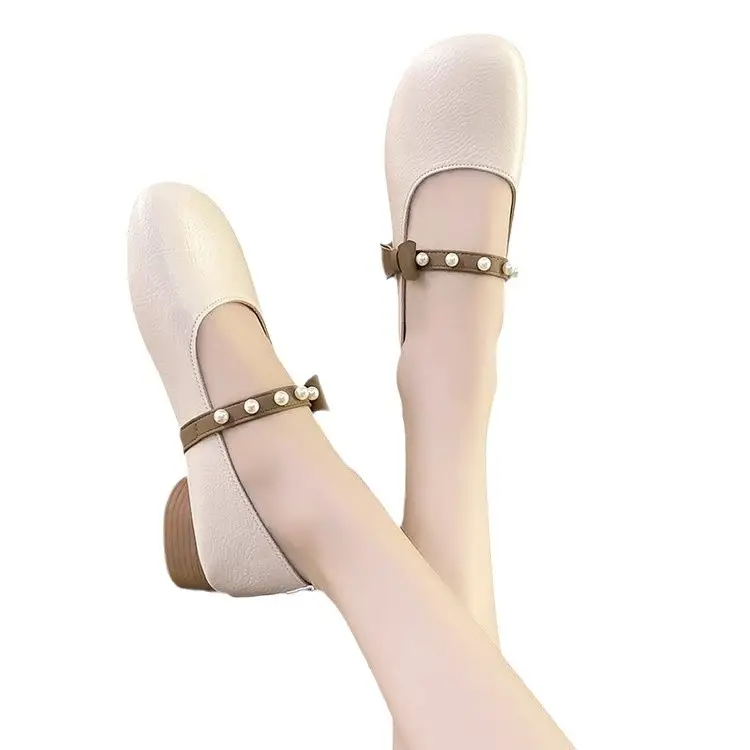 Women's Pearl Strap Flat Shoes Cream Beige Spring 2025 - Image 4