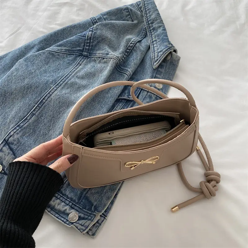 Beige Bow Embroidered Shoulder Bag for Women - Image 6