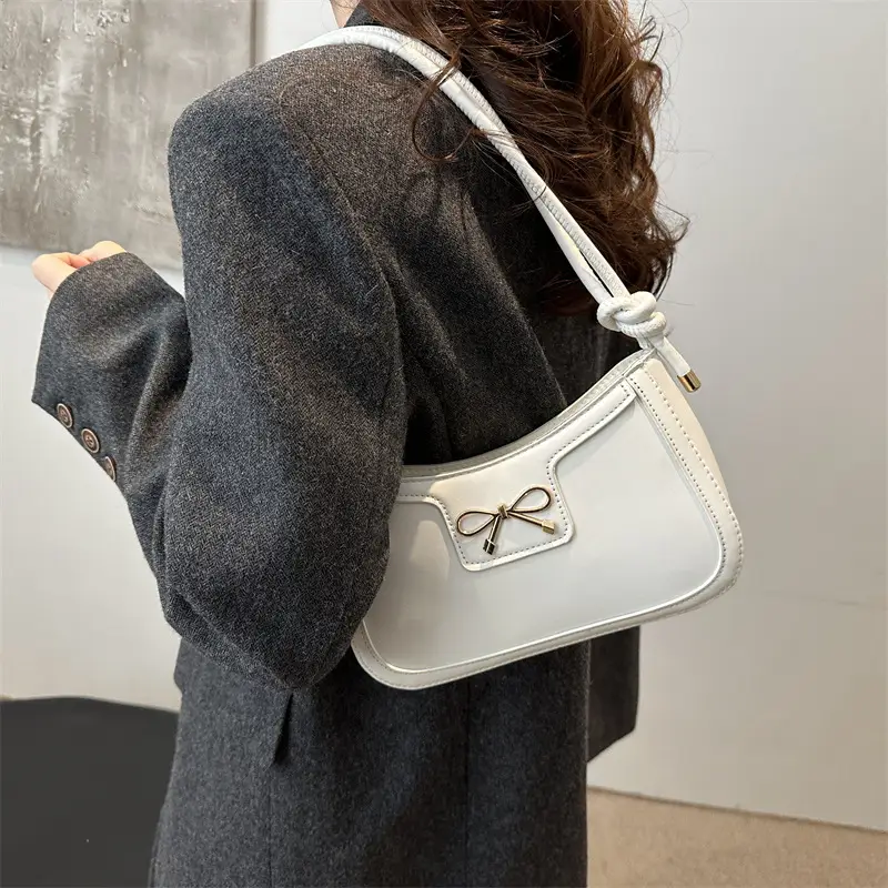 Beige Bow Embroidered Shoulder Bag for Women - Image 2