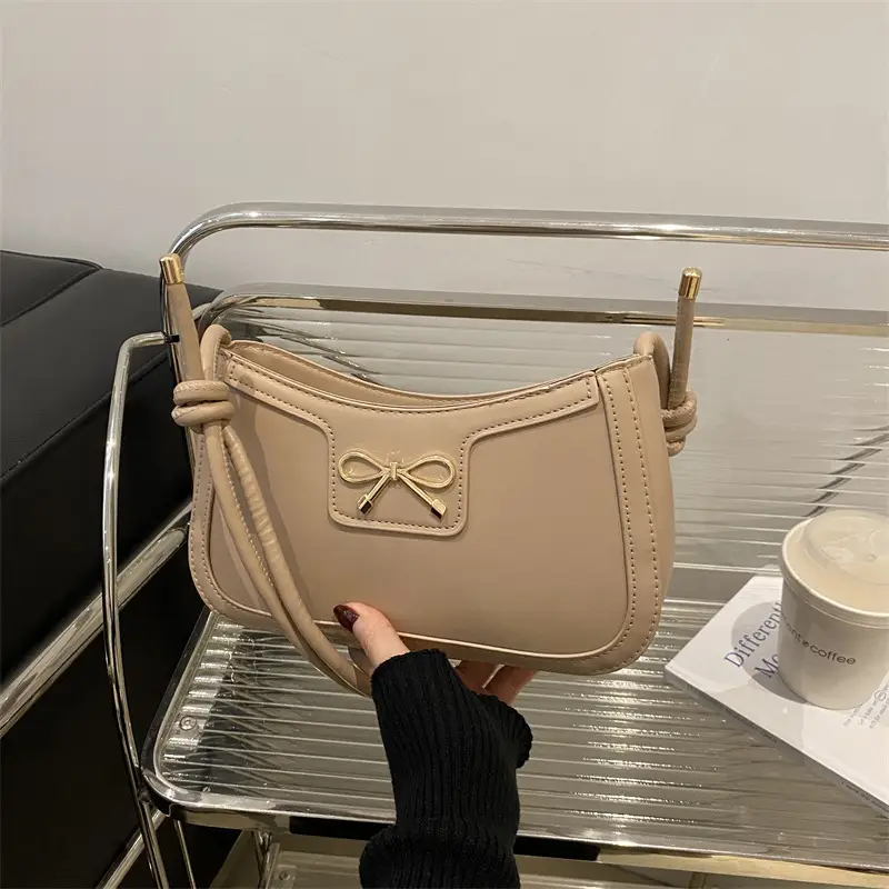 Beige Bow Embroidered Shoulder Bag for Women - Image 3
