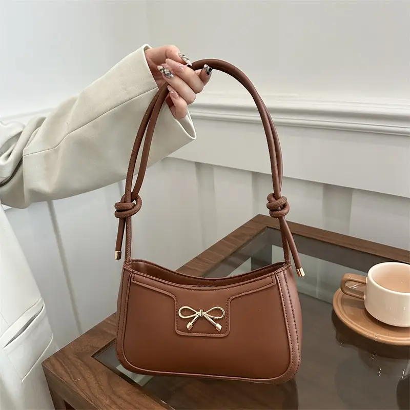Beige Bow Embroidered Shoulder Bag for Women - Image 4