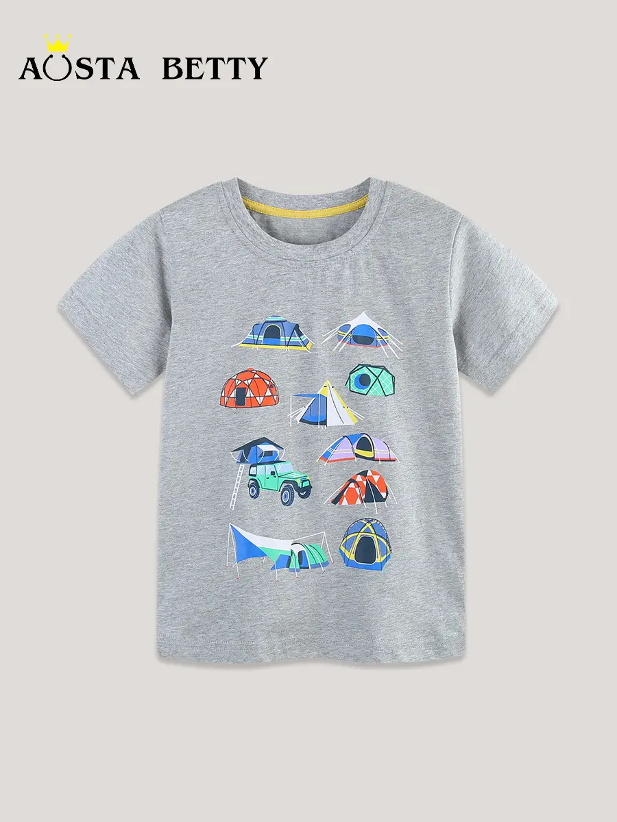 Kids Summer Car Print T-Shirt Grey Knitted Cotton Round Neck - Image 2