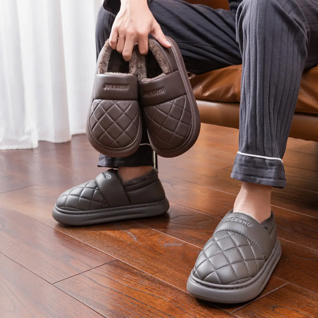 Waterproof Cotton Slippers for Women, Autumn and Winter Home Warm Slippers with Thick Soles, Non-Slip Leather Surface, Suitable for Men to Wear Outside - Image 8