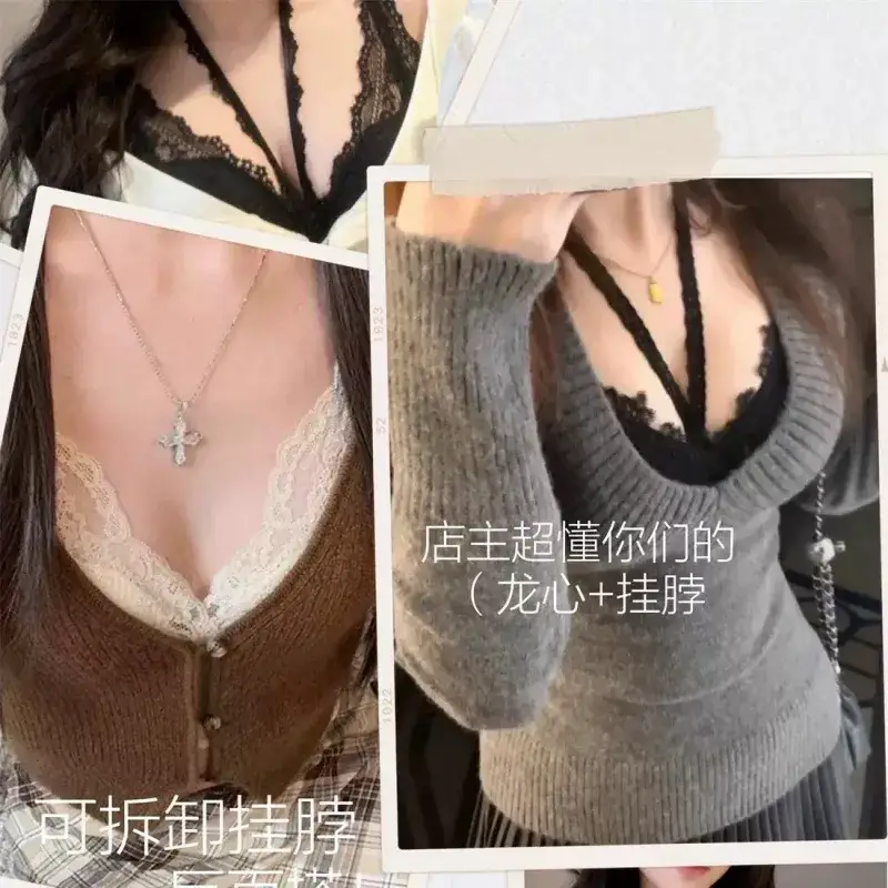 Red Lace Halter Vest for Women Small Chest Gathering - Image 10
