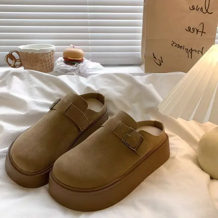 Women's Retro Lazy Buckle Slippers Brown 2024 Winter — feature 11