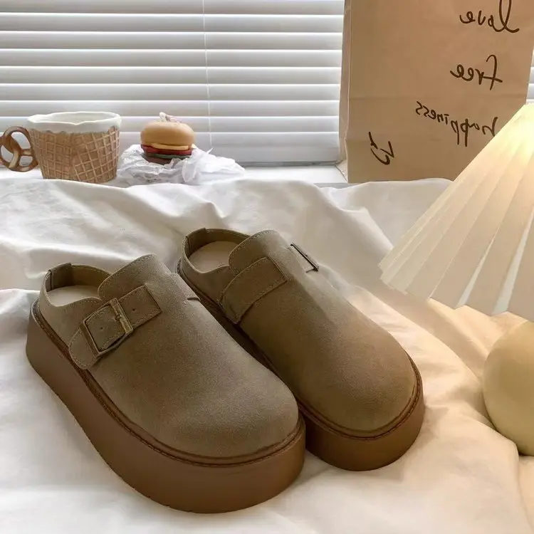 Women's Retro Lazy Buckle Slippers Brown 2024 Winter — feature 13