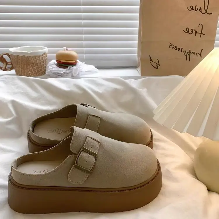 Women's Retro Lazy Buckle Slippers Brown 2024 Winter — feature 14