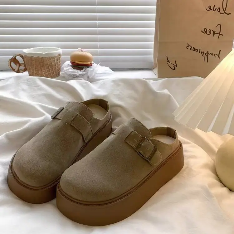 Women's Retro Lazy Buckle Slippers Brown 2024 Winter — feature 2