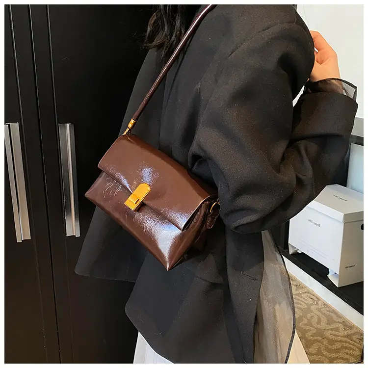 Women's Brown Leather Shoulder Bag with Gold Clasp — feature 11