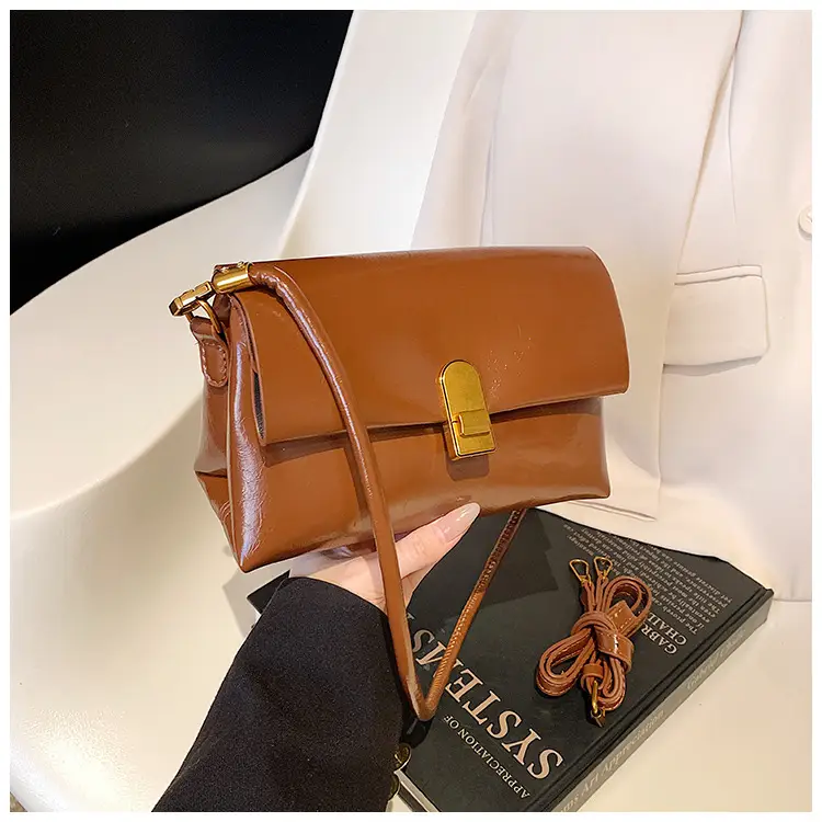 Women's Brown Leather Shoulder Bag with Gold Clasp — feature 26