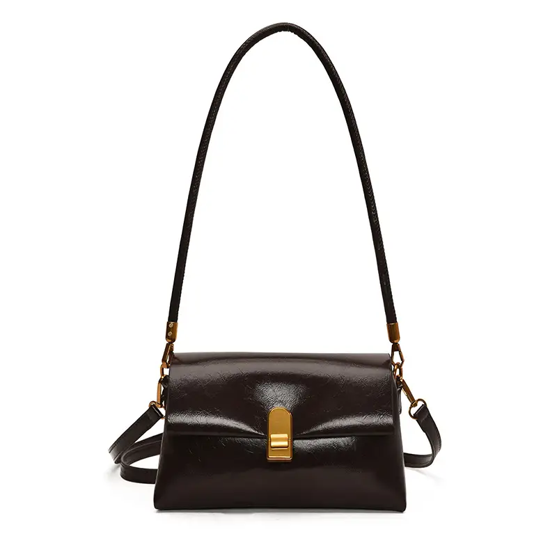 Women's Brown Leather Shoulder Bag with Gold Clasp