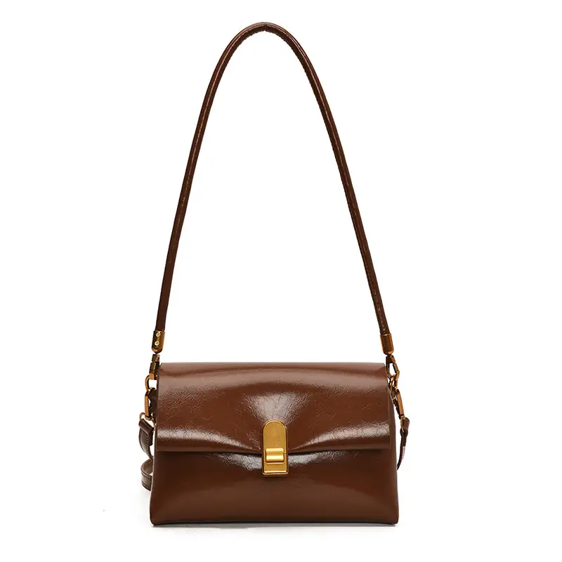 Women's Brown Leather Shoulder Bag with Gold Clasp