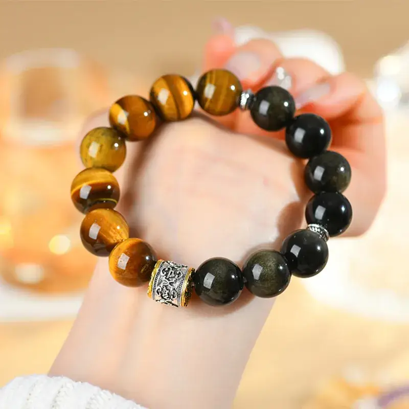 Natural Tiger Eye Gold Obsidian Beads Bracelet for Men - Image 3