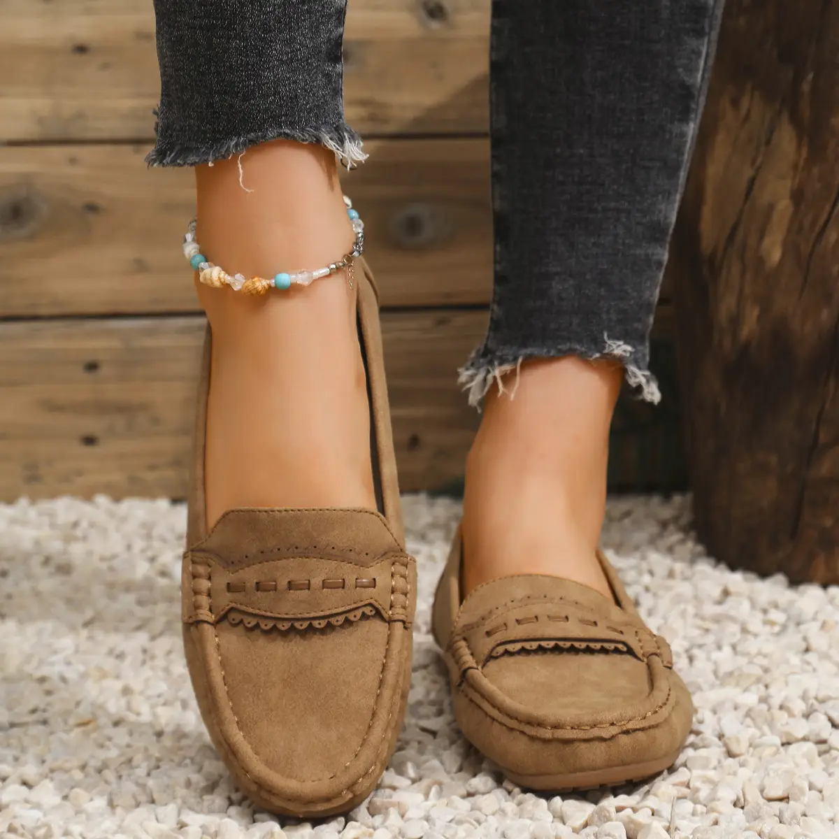 Women's Flat Loafers Grey Blue Tan Cross-Border Stitched - Image 2