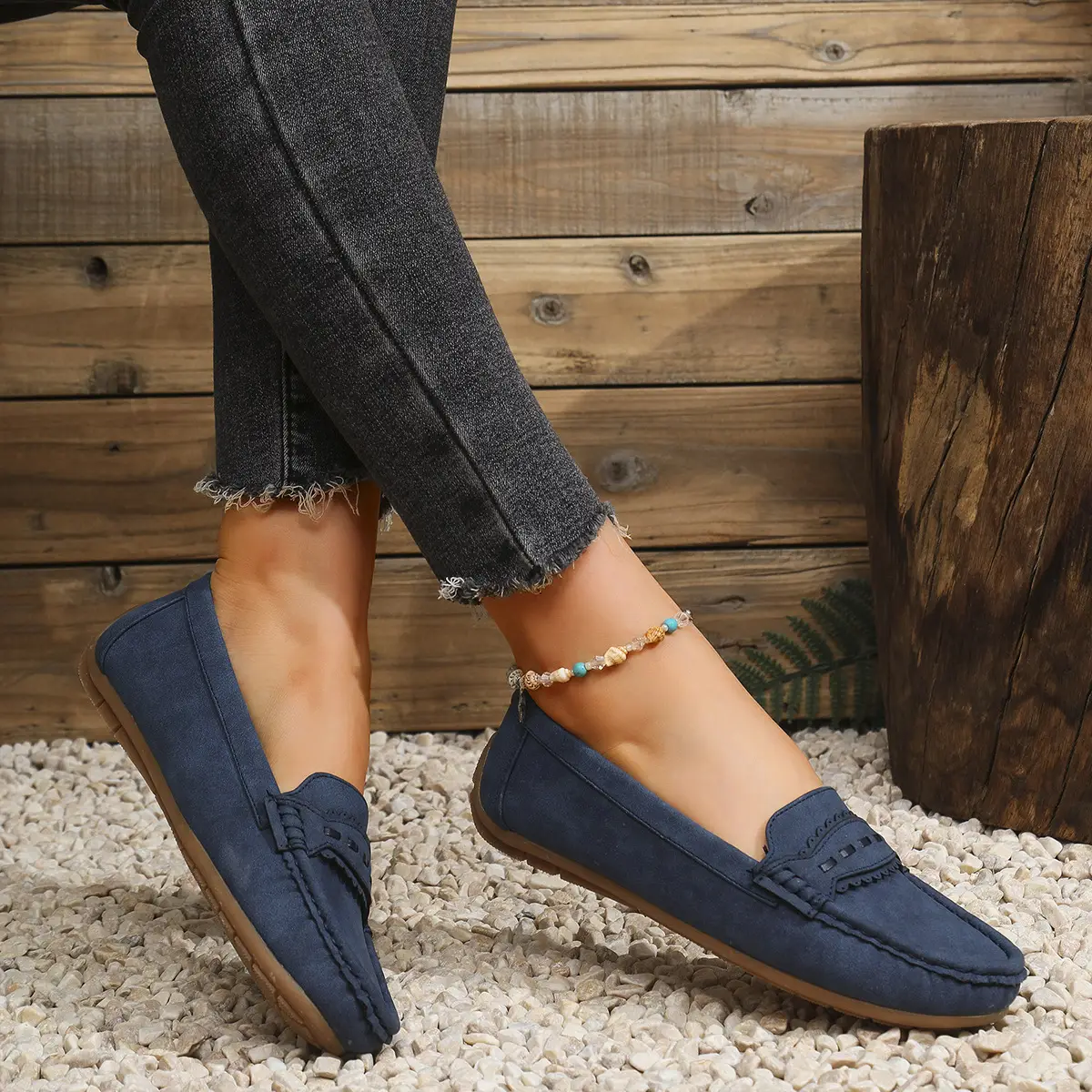 Women's Flat Loafers Grey Blue Tan Cross-Border Stitched - Image 3