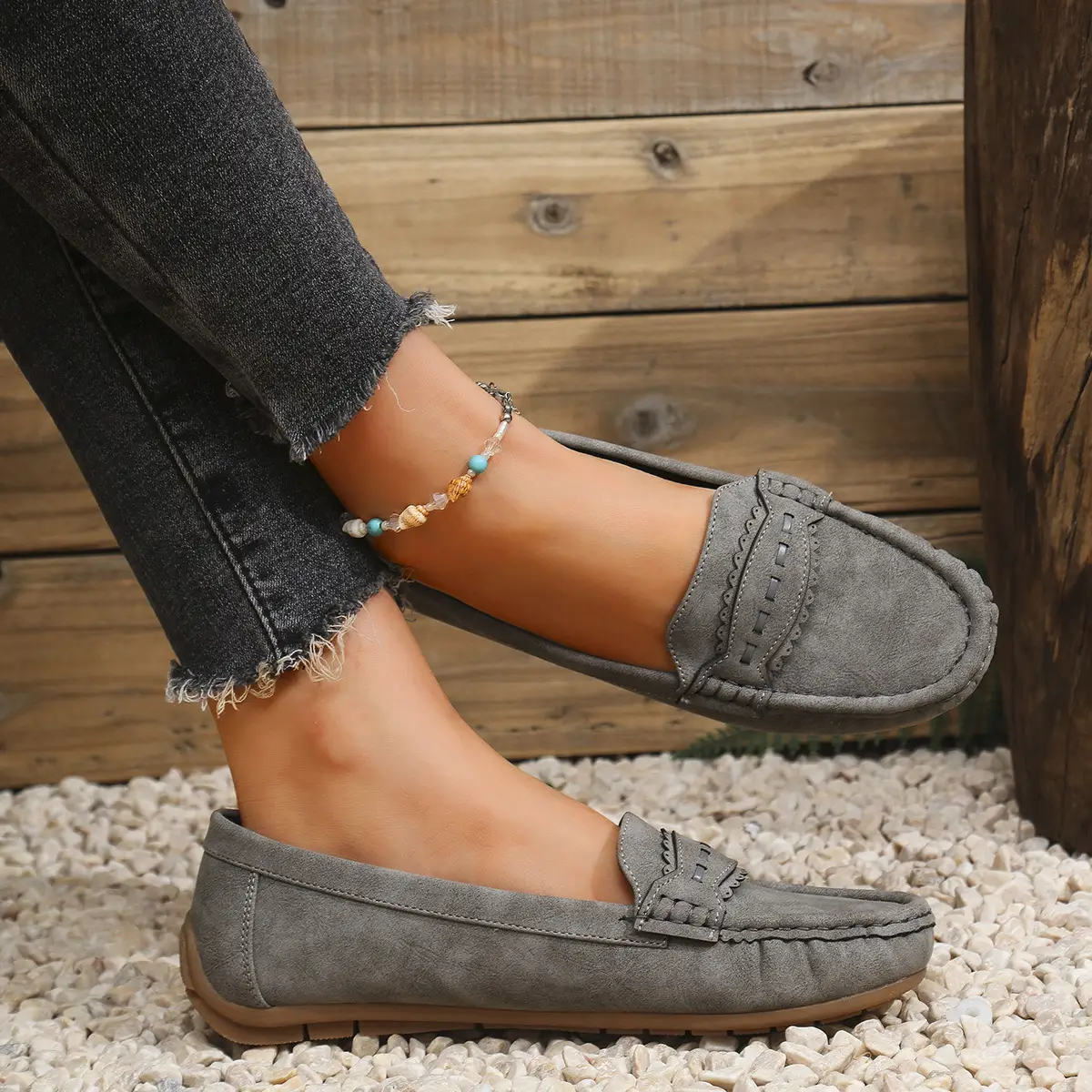 Women's Flat Loafers Grey Blue Tan Cross-Border Stitched - Image 4