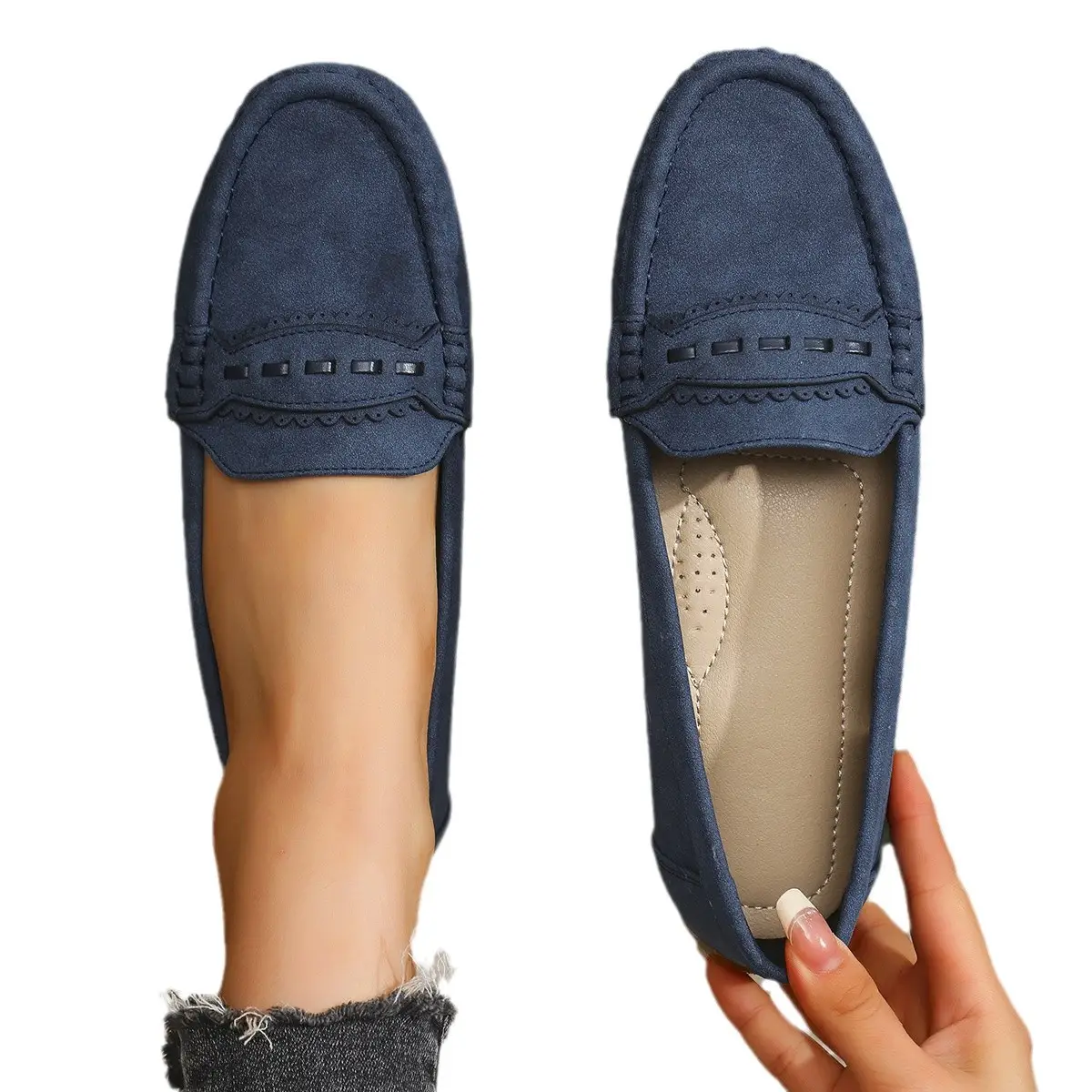 Women's Flat Loafers Grey Blue Tan Cross-Border Stitched - Image 5