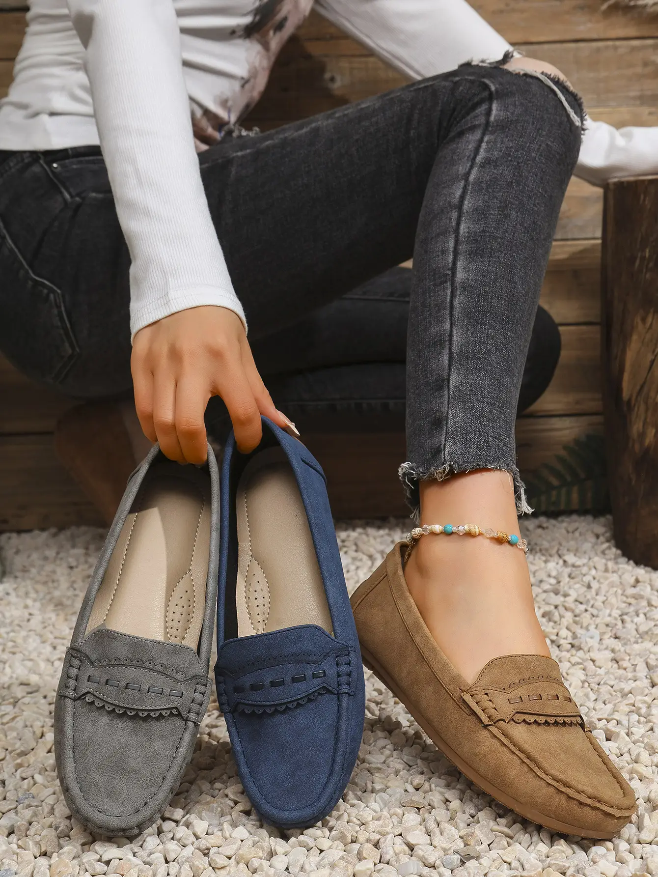 Women's Flat Loafers Grey Blue Tan Cross-Border Stitched — feature 1